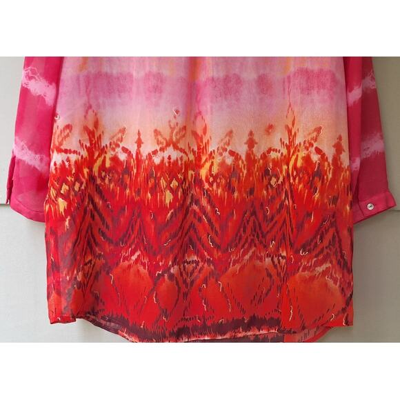 Chico's Semi Sheer 3/4 sleeves Pink-Orange Sunset Shirt Blouse Top Size 3 = XL - Picture 9 of 10